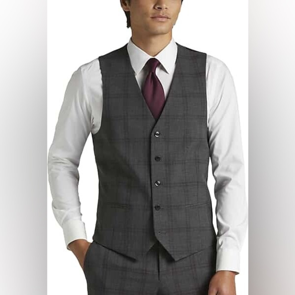 (2-piece) Egara Skinny Fit Men's Suit Separates Vest Dark Gray Plaid